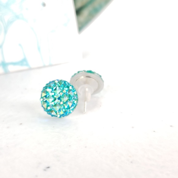 Teal Sparkle Acrylic Druzy Stud Earrings - Picture 5 of 6
